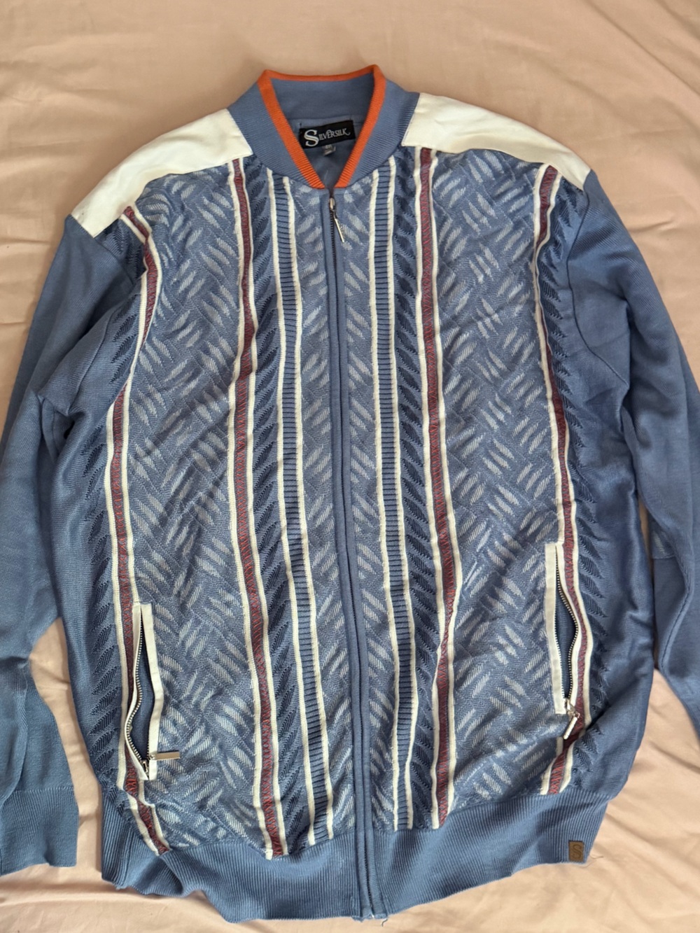 Silversilk Blue Zipper Cardigan with White & Orange Trim (4X) Mens
